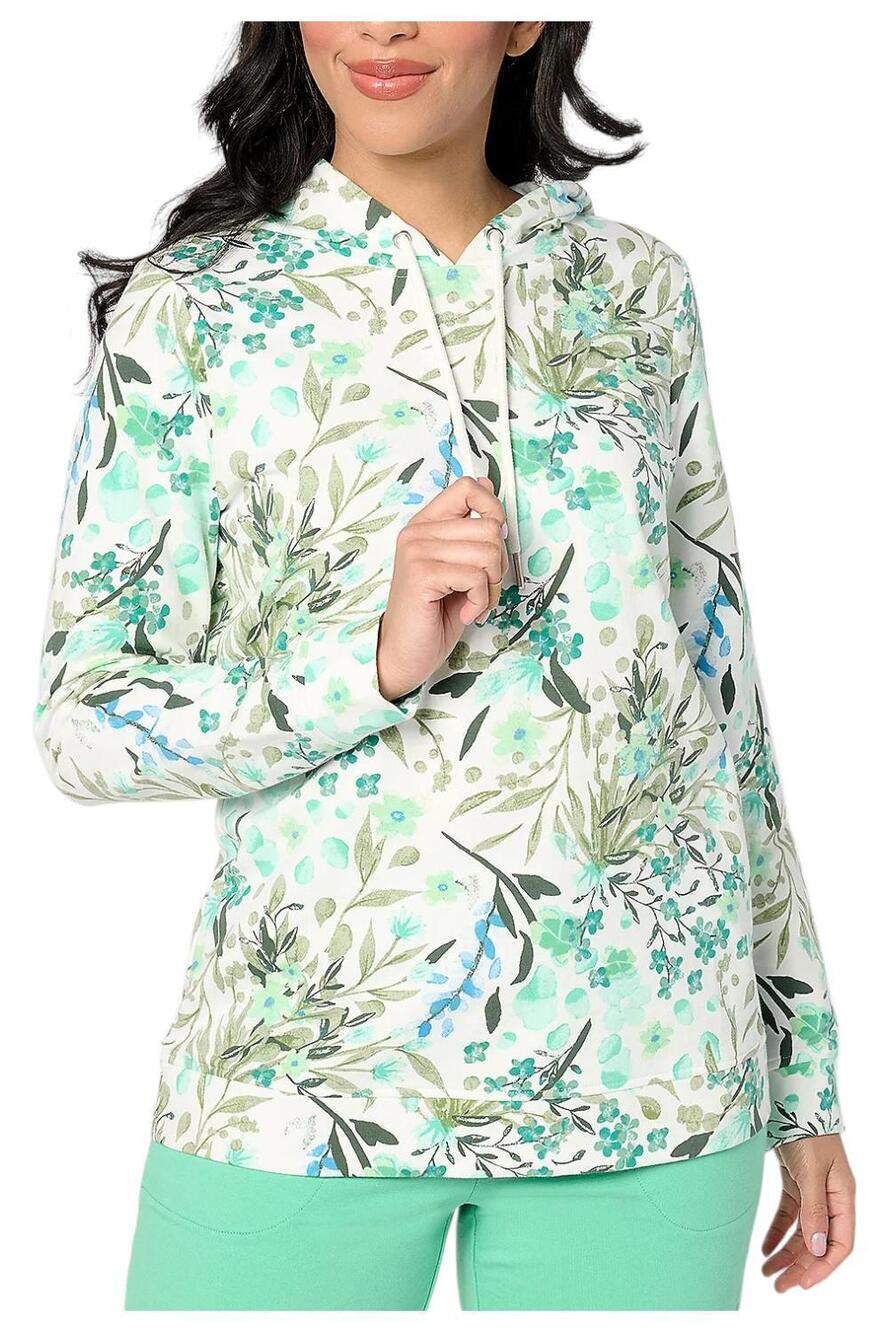 Denim & Co. Printed French Terry Long Slv Hooded Pullover Sft Jade - Regular